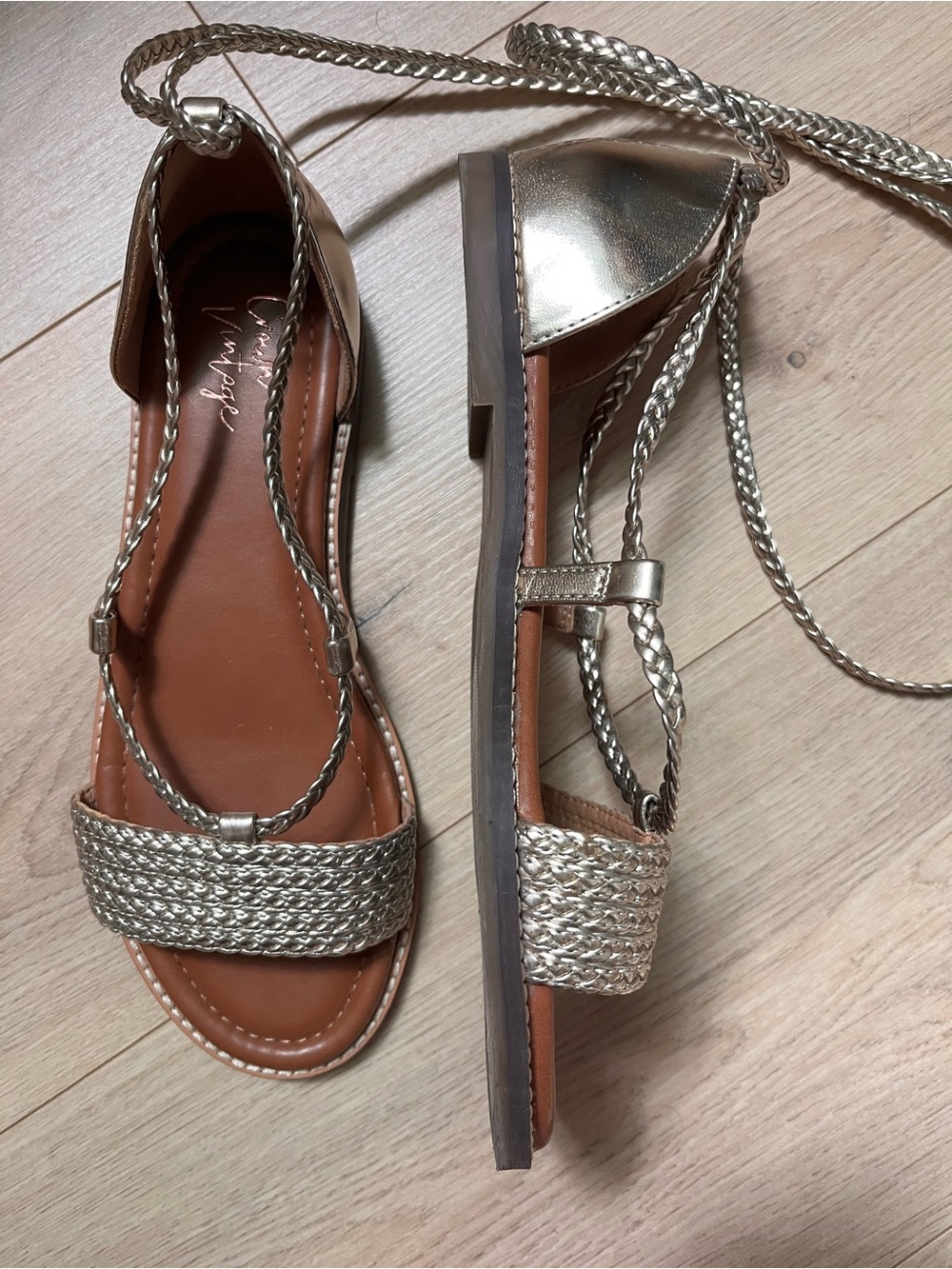 Crown Vintage Metallic Gold Braided Lace-Up Sandals - Women